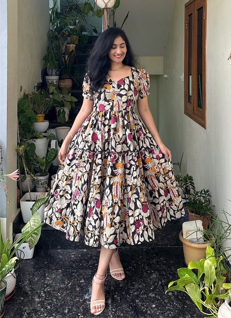 Khanak Muslin Cotton Party Wear Floral Midi Dress Bulk Orders In India
